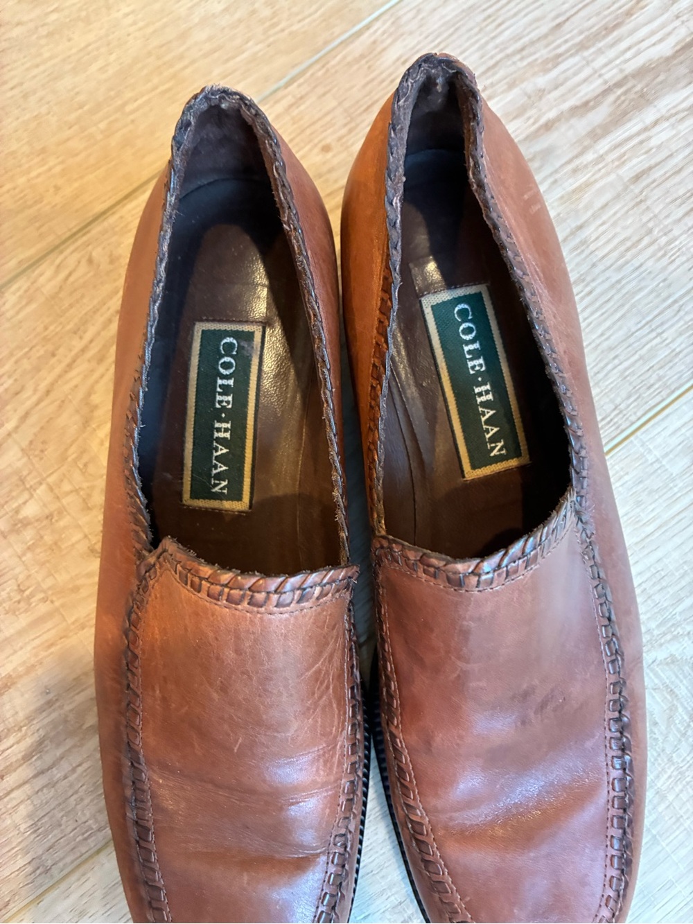 Cole Haan Brown Leather Slip-On Loafers block heel whipstitch detail 8 fall - Picture 5 of 7